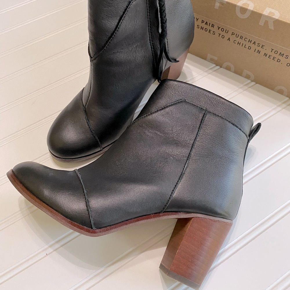 TOMS Lunata Black Leather Ankle Boot Heel